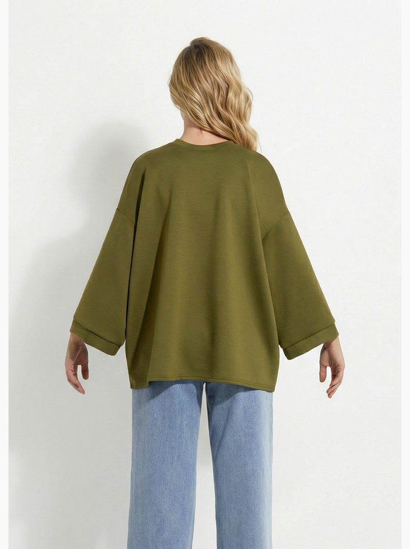 Sudadera de cuello redondo ancho, mangas 3/4 - AFIBEL Verde oliva - Kiabi