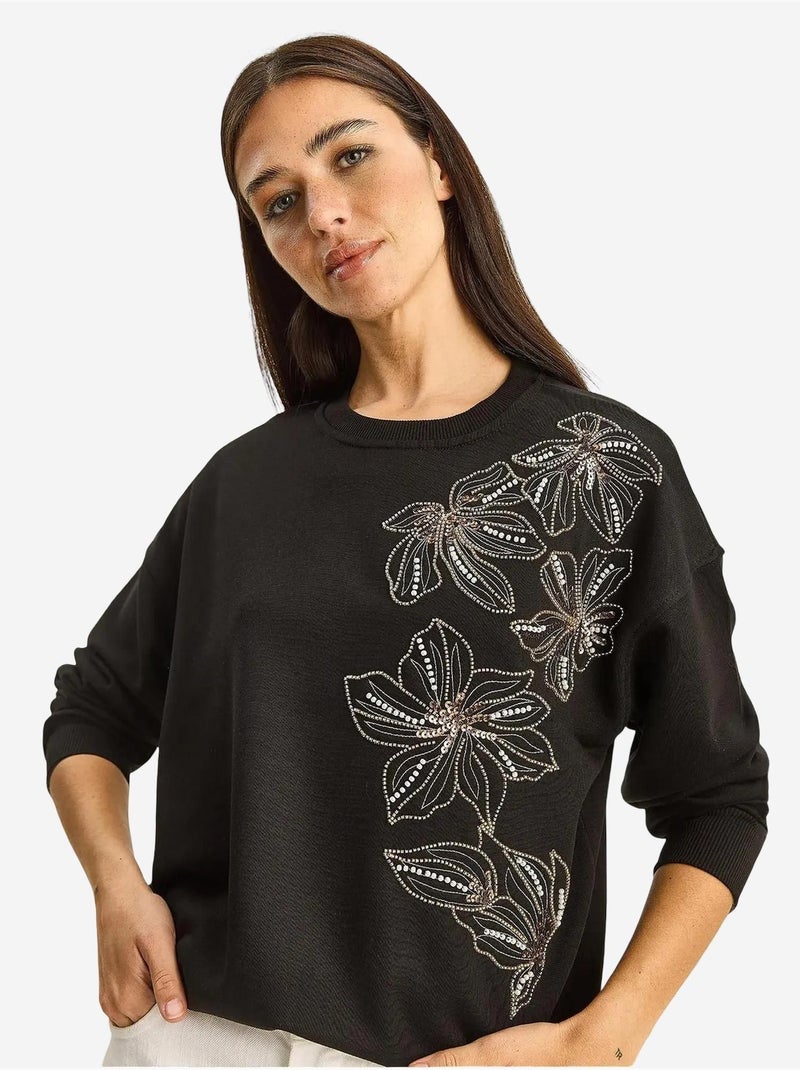 Sudadera de cuello redondo bordada lucci Negro - Kiabi