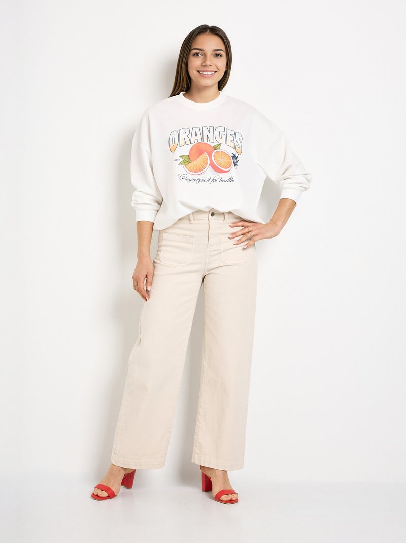 Sudadera de cuello redondo con estampado naranja en punto suave. - AFIBEL Blanco - Kiabi