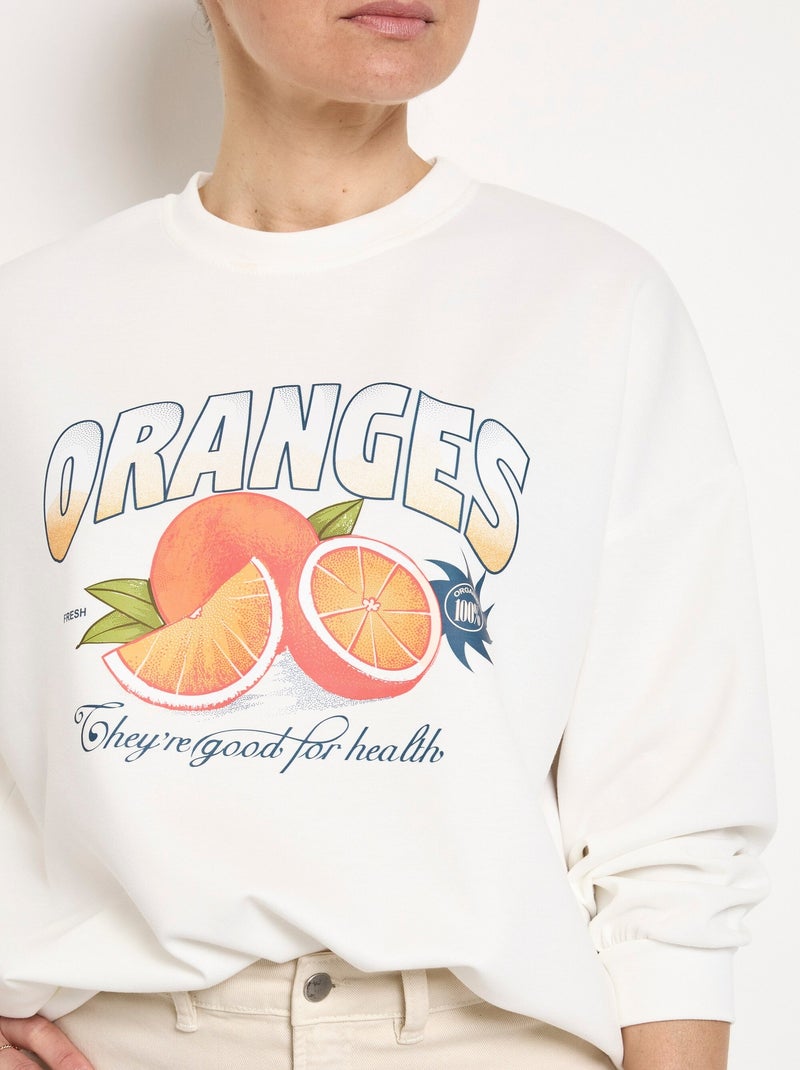 Sudadera de cuello redondo con estampado naranja en punto suave. - AFIBEL Blanco - Kiabi