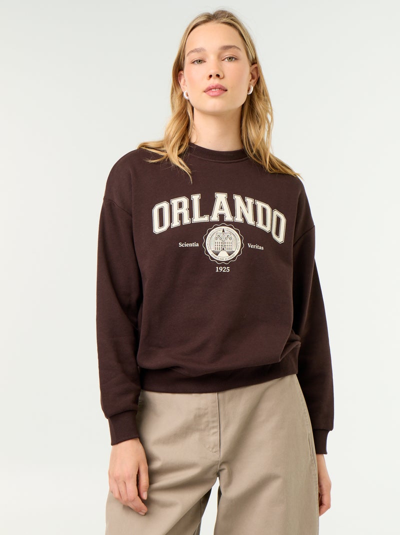 Sudadera de cuello redondo con inscripción delantera Marron - Kiabi