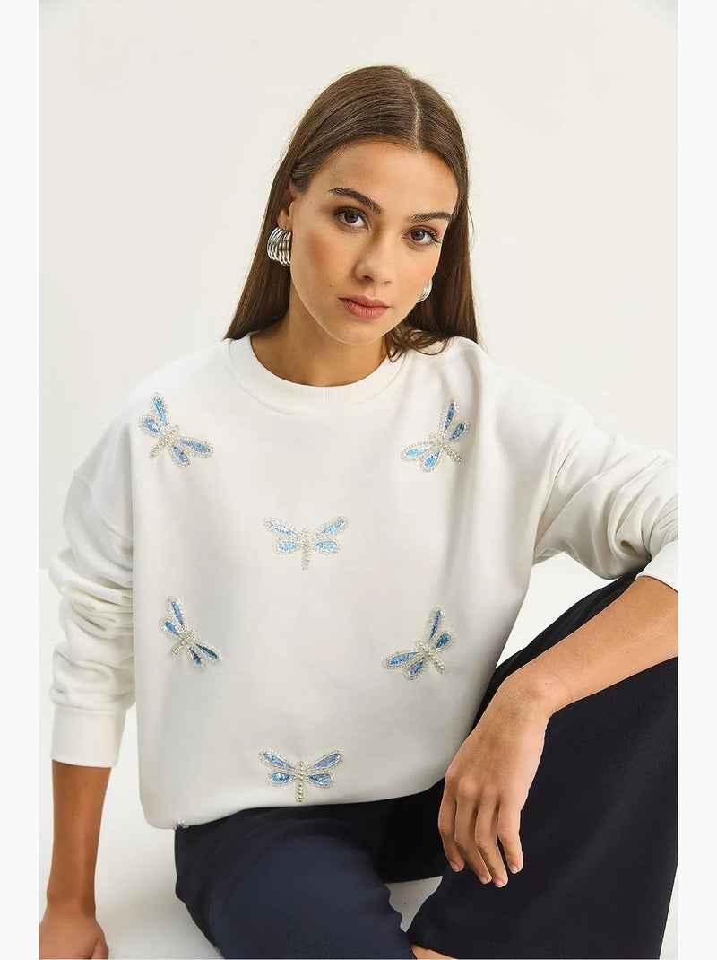 Sudadera de cuello redondo con libélulas bordadas lucci Blanco - Kiabi