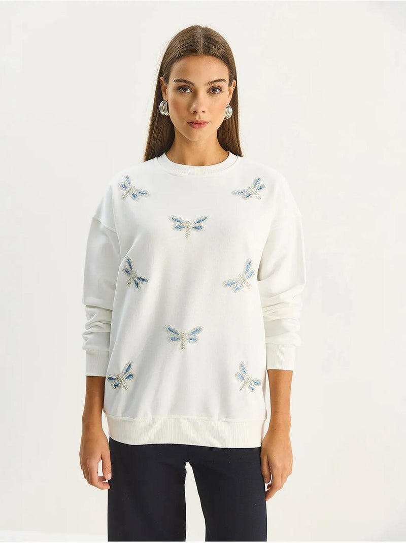Sudadera de cuello redondo con libélulas bordadas lucci Blanco - Kiabi