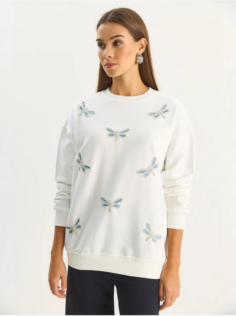 Sudadera de cuello redondo con libélulas bordadas lucci Blanco - Kiabi