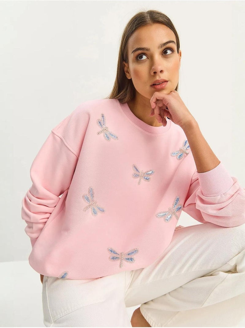Sudadera de cuello redondo con libélulas bordadas lucci Rosa almendra - Kiabi