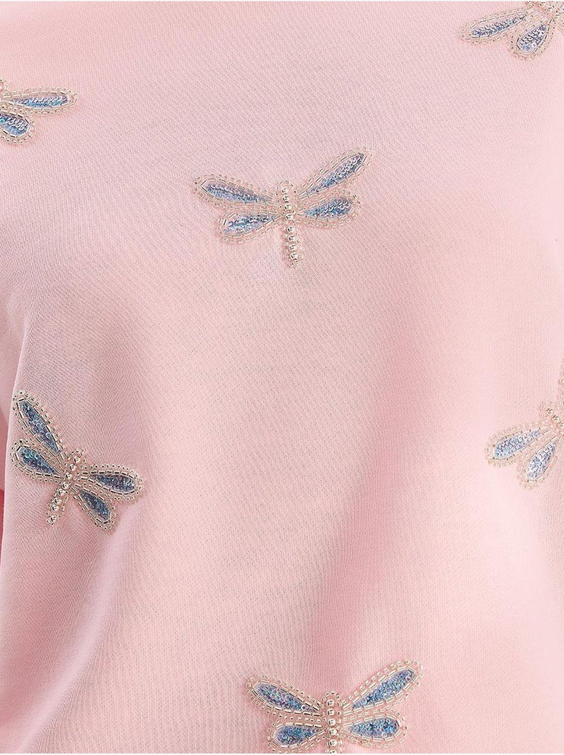 Sudadera de cuello redondo con libélulas bordadas lucci Rosa almendra - Kiabi