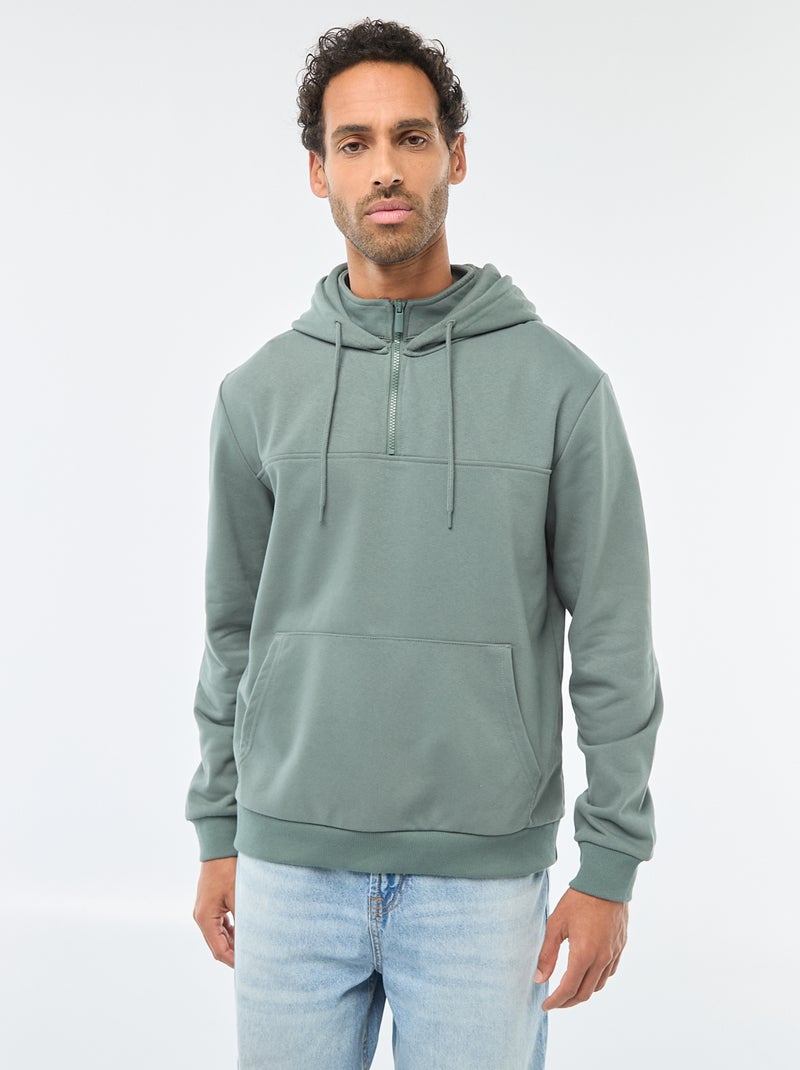 Sudadera de felpa con capucha y abertura de cremallera en el cuello Verde - Kiabi