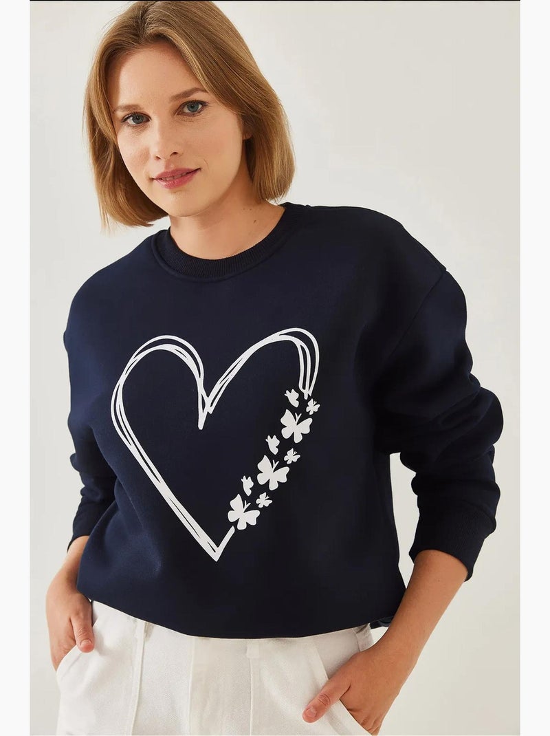Sudadera de hilo cepillado con cuello redondo y detalle de corazón estampado lucci Azul marino - Kiabi