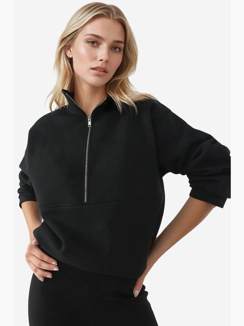 Sudadera de manga larga con cremallera y cuello camisero de corte relajado hiccup Negro - Kiabi