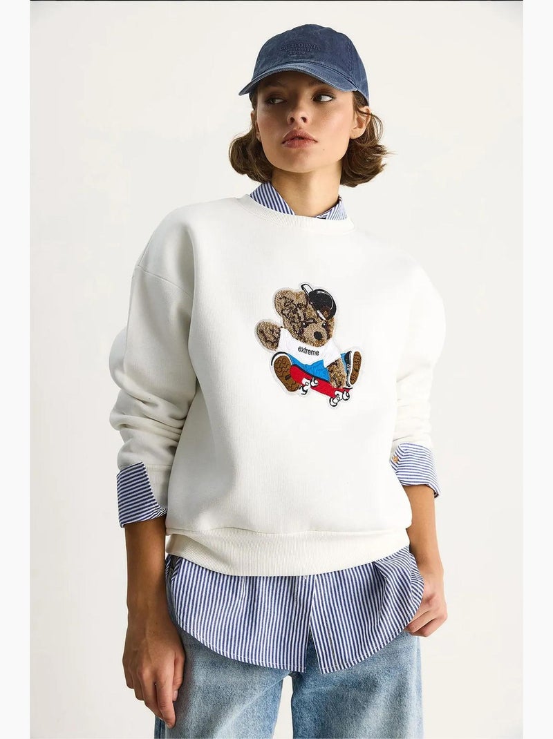 Sudadera de manga larga con cuello redondo y bordado lucci Blanco - Kiabi