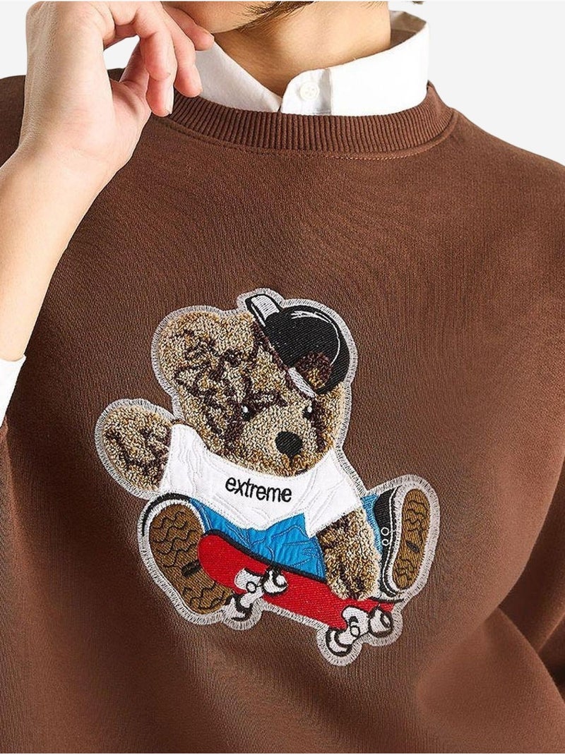 Sudadera de manga larga con cuello redondo y bordado lucci Marrón chocolate - Kiabi