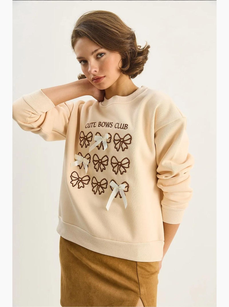 Sudadera de manga larga con cuello redondo y estampado acanalado lucci Beige arcilla - Kiabi