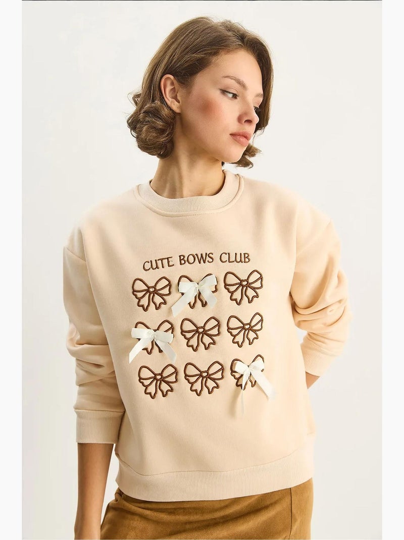 Sudadera de manga larga con cuello redondo y estampado acanalado lucci Beige arcilla - Kiabi