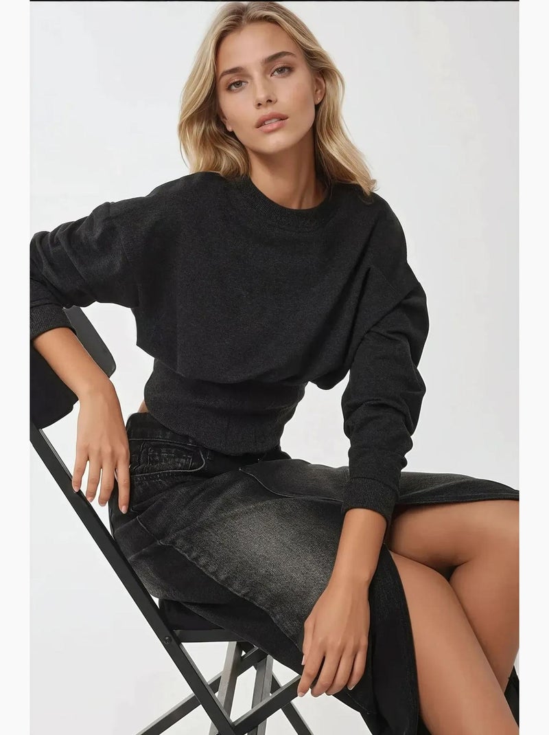 Sudadera de punto con cuello redondo ajustado y corsé hiccup Gris negro - Kiabi