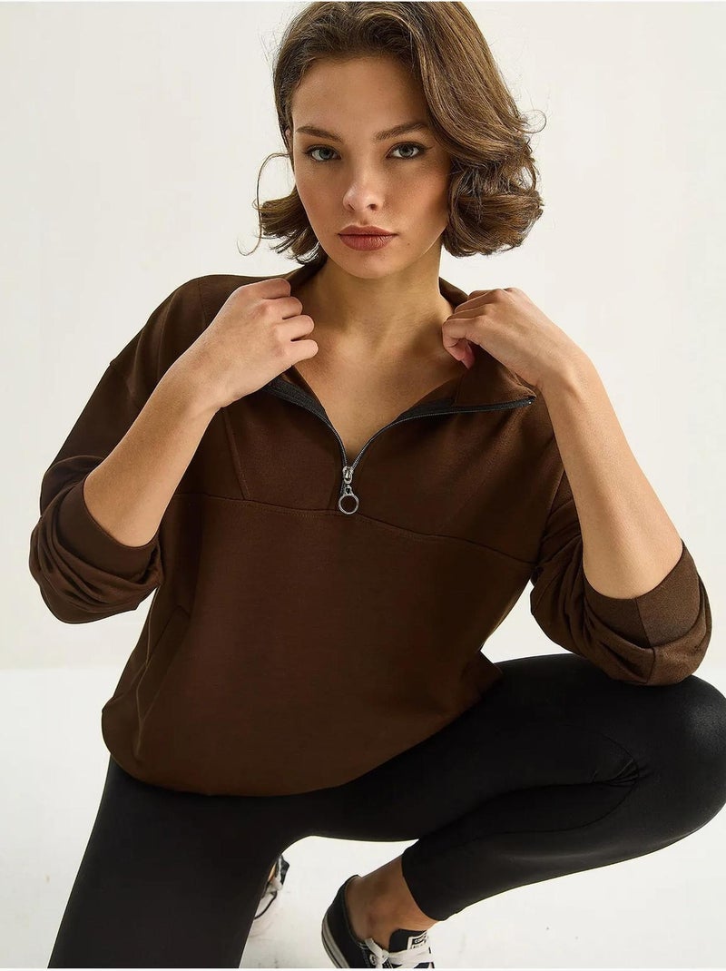 Sudadera de punto con cuello y cremallera de corte relajado lucci Marrón oscuro - Kiabi