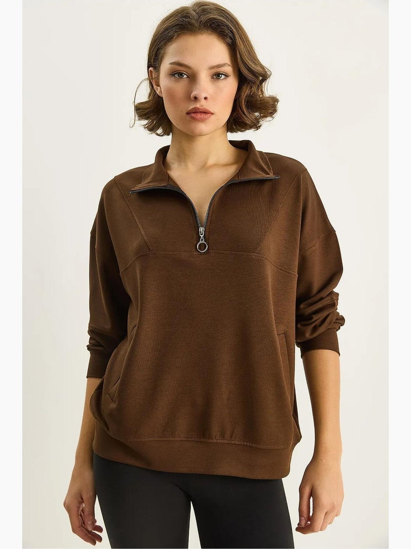 Sudadera de punto con cuello y cremallera de corte relajado lucci Marrón oscuro - Kiabi
