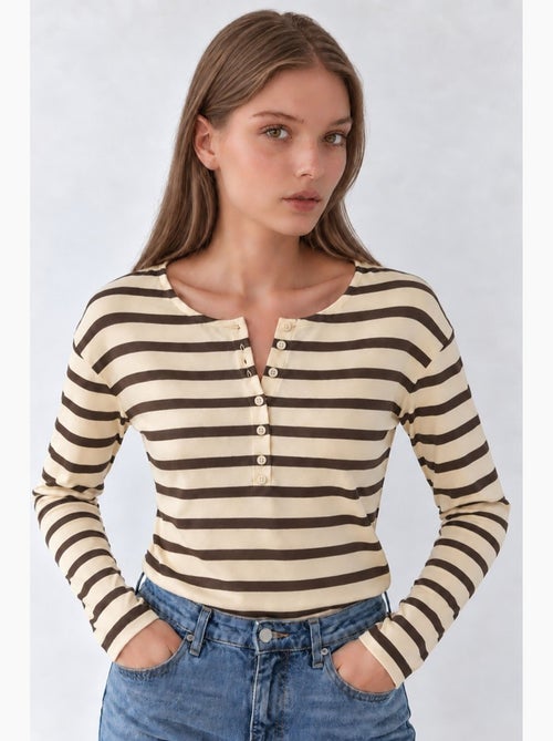 Sudadera de rayas con cuello y botones hiccup - Kiabi Sudadera de rayas con cuello y botones hiccup - Kiabi