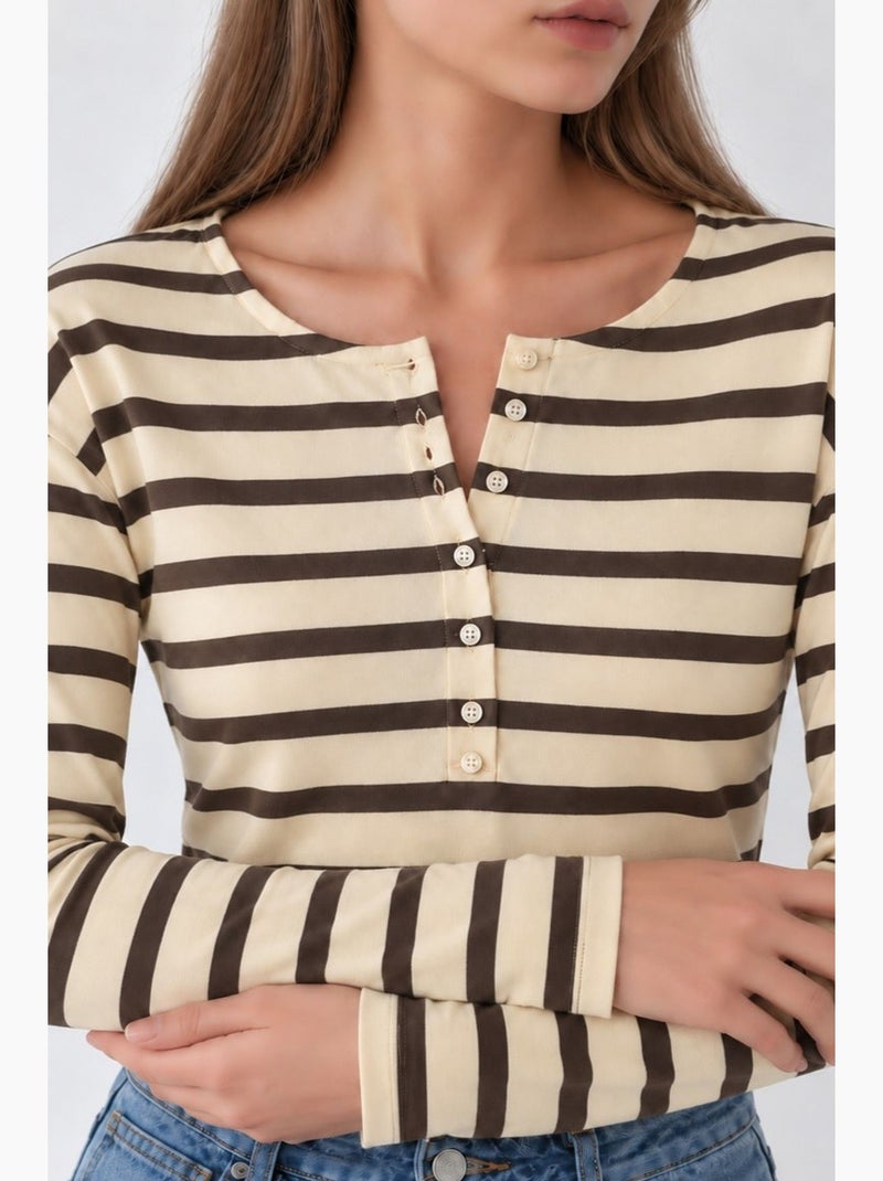 Sudadera de rayas con cuello y botones hiccup Crema - Kiabi