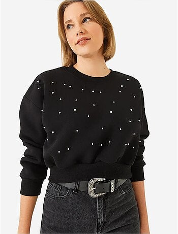 Sudadera de triple hilo cepillado con tachuelas de perlas y cuello redondo lucci