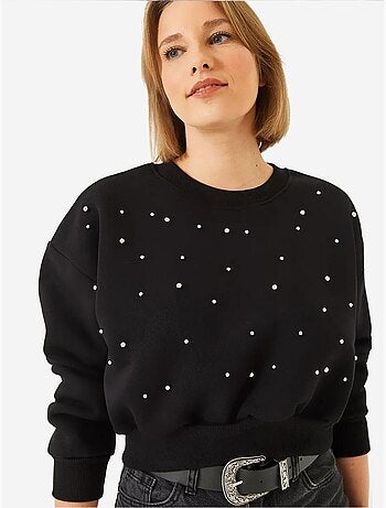 Sudadera de triple hilo cepillado con tachuelas de perlas y cuello redondo lucci
