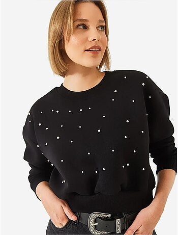 Sudadera de triple hilo cepillado con tachuelas de perlas y cuello redondo lucci