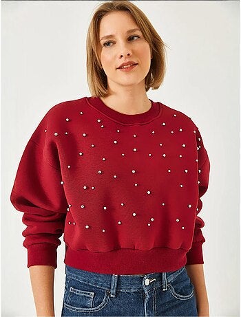 Sudadera de triple hilo cepillado con tachuelas de perlas y cuello redondo lucci