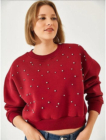 Sudadera de triple hilo cepillado con tachuelas de perlas y cuello redondo lucci