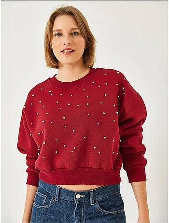 Sudadera de triple hilo cepillado con tachuelas de perlas y cuello redondo lucci