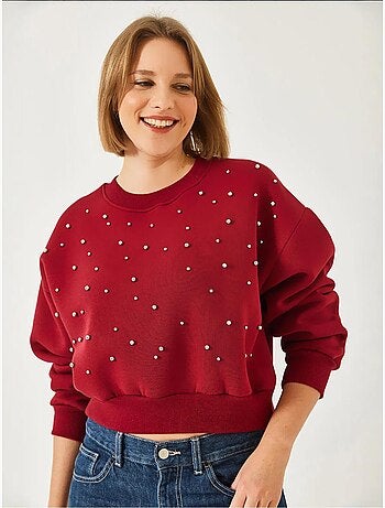 Sudadera de triple hilo cepillado con tachuelas de perlas y cuello redondo lucci