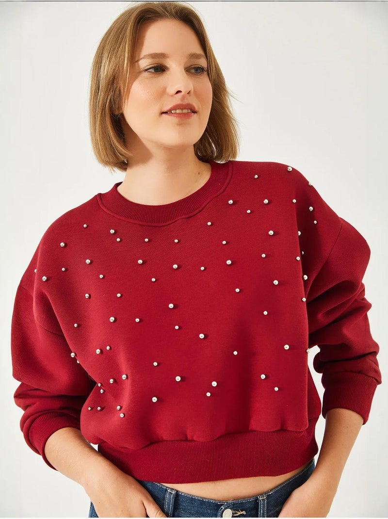 Sudadera de triple hilo cepillado con tachuelas de perlas y cuello redondo lucci Rojo burdeos - Kiabi