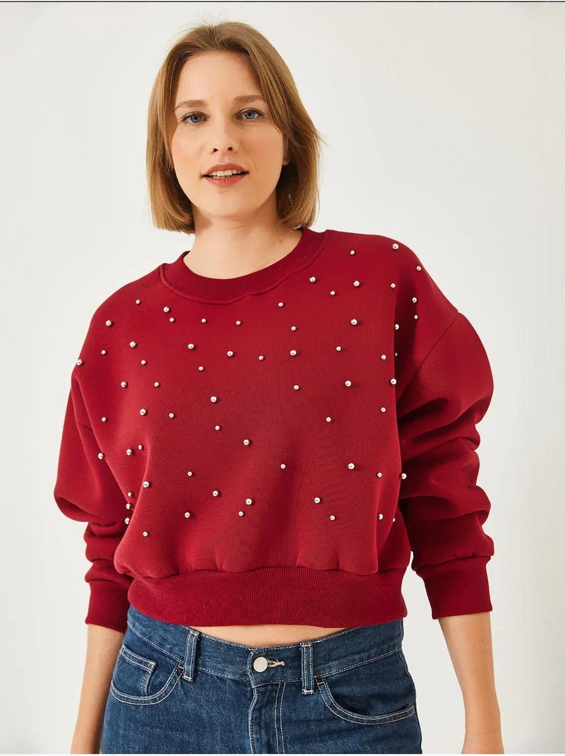 Sudadera de triple hilo cepillado con tachuelas de perlas y cuello redondo lucci Rojo burdeos - Kiabi