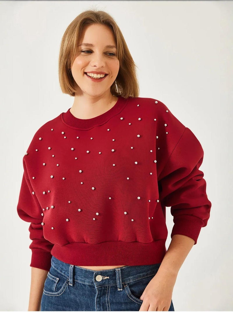 Sudadera de triple hilo cepillado con tachuelas de perlas y cuello redondo lucci Rojo burdeos - Kiabi
