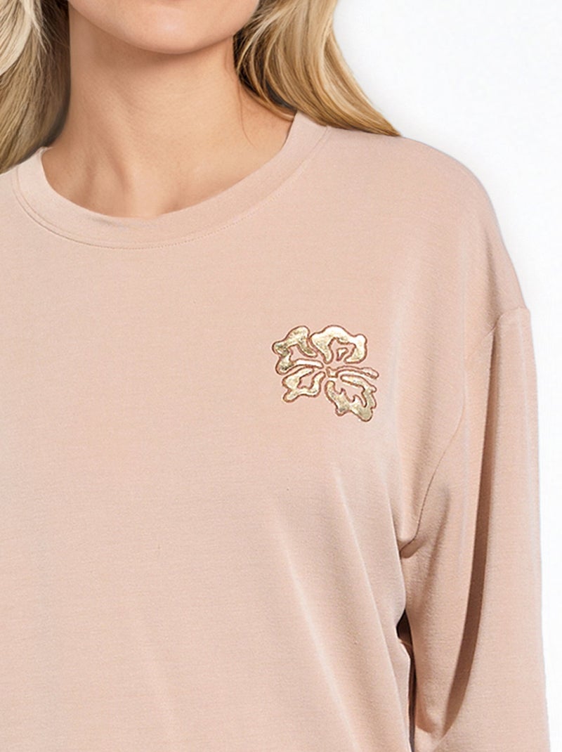 Sudadera de volumen cuadrado de polar bordado con detalle brillante - Afibel Marrón avellana - Kiabi