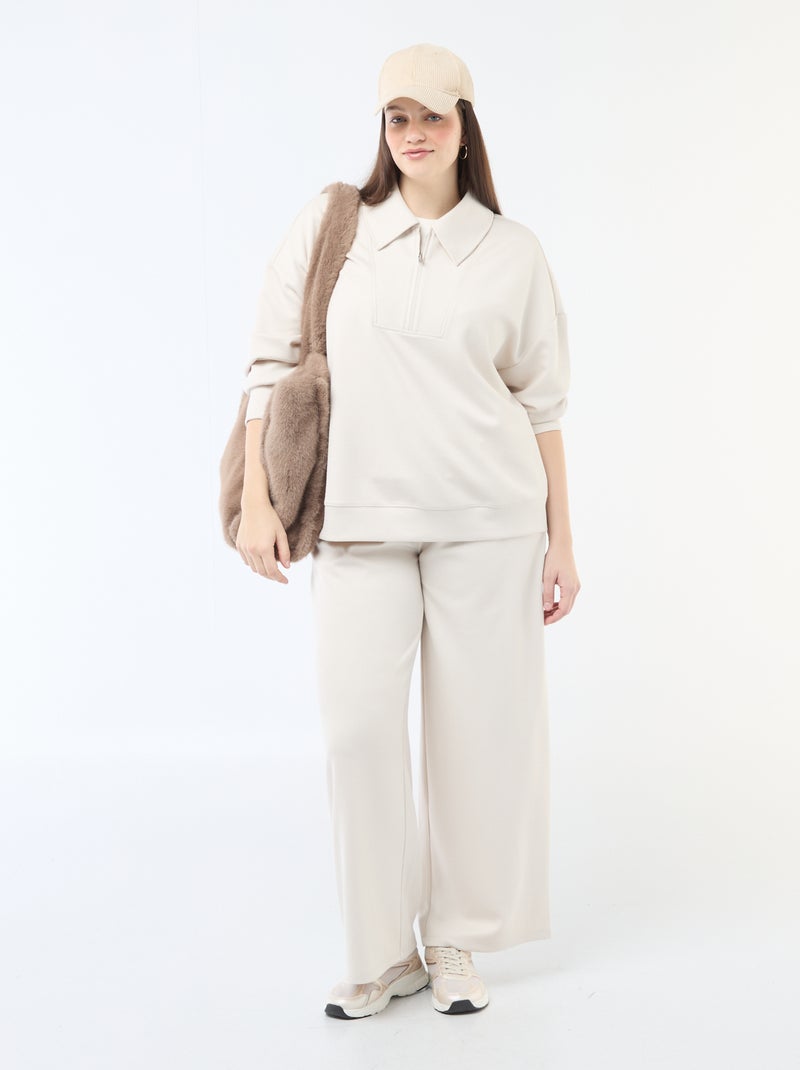 Sudadera lisa con cuello camionero con cremallera Beige - Kiabi