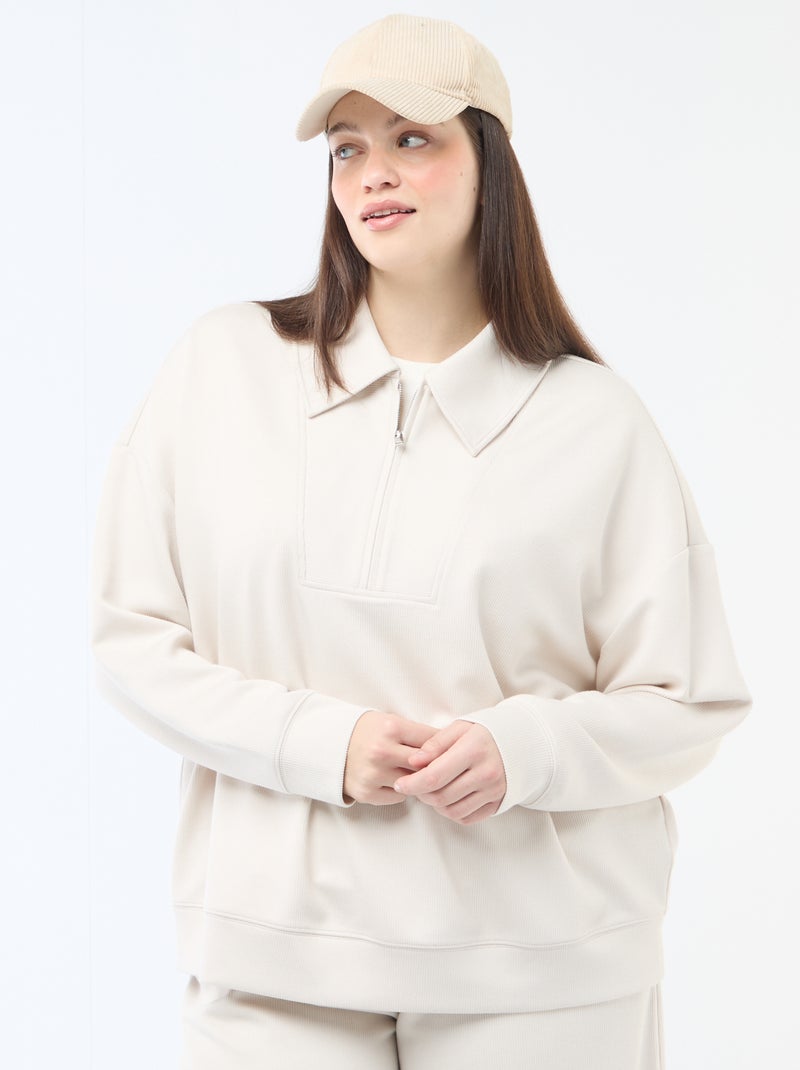 Sudadera lisa con cuello camionero con cremallera Beige - Kiabi