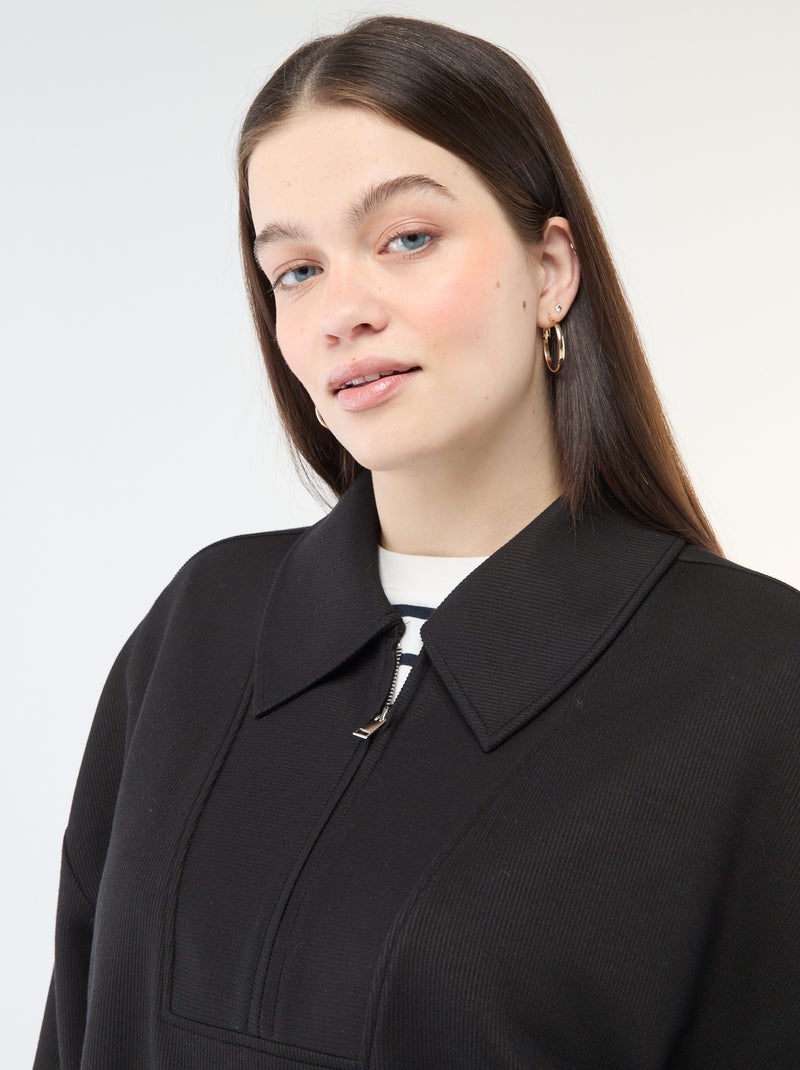 Sudadera lisa con cuello camionero con cremallera Negro - Kiabi