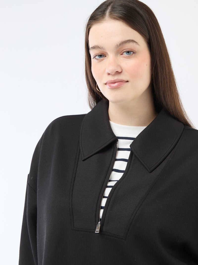 Sudadera lisa con cuello camionero con cremallera Negro - Kiabi