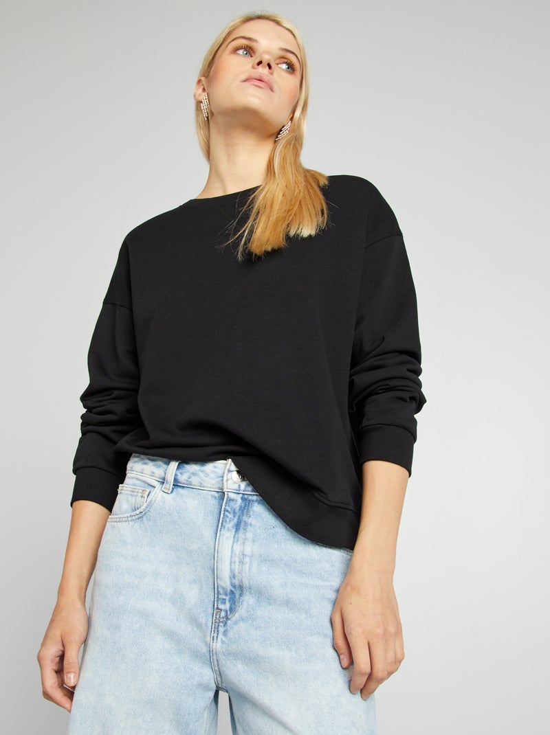Sudadera lisa con cuello redondo negro - Kiabi