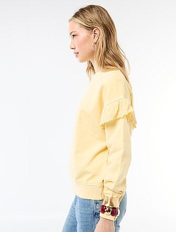 Sudadera lisa con volantes en bordado inglés en las mangas