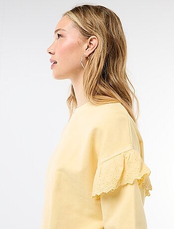 Sudadera lisa con volantes en bordado inglés en las mangas