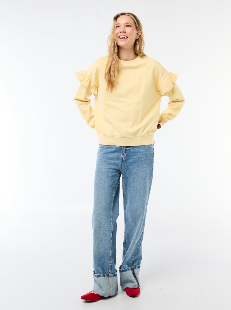 Sudadera lisa con volantes en bordado inglés en las mangas Amarillo - Kiabi