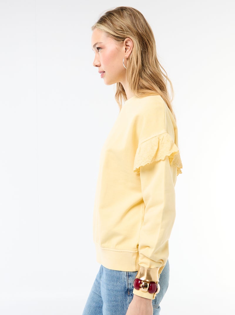 Sudadera lisa con volantes en bordado inglés en las mangas Amarillo - Kiabi