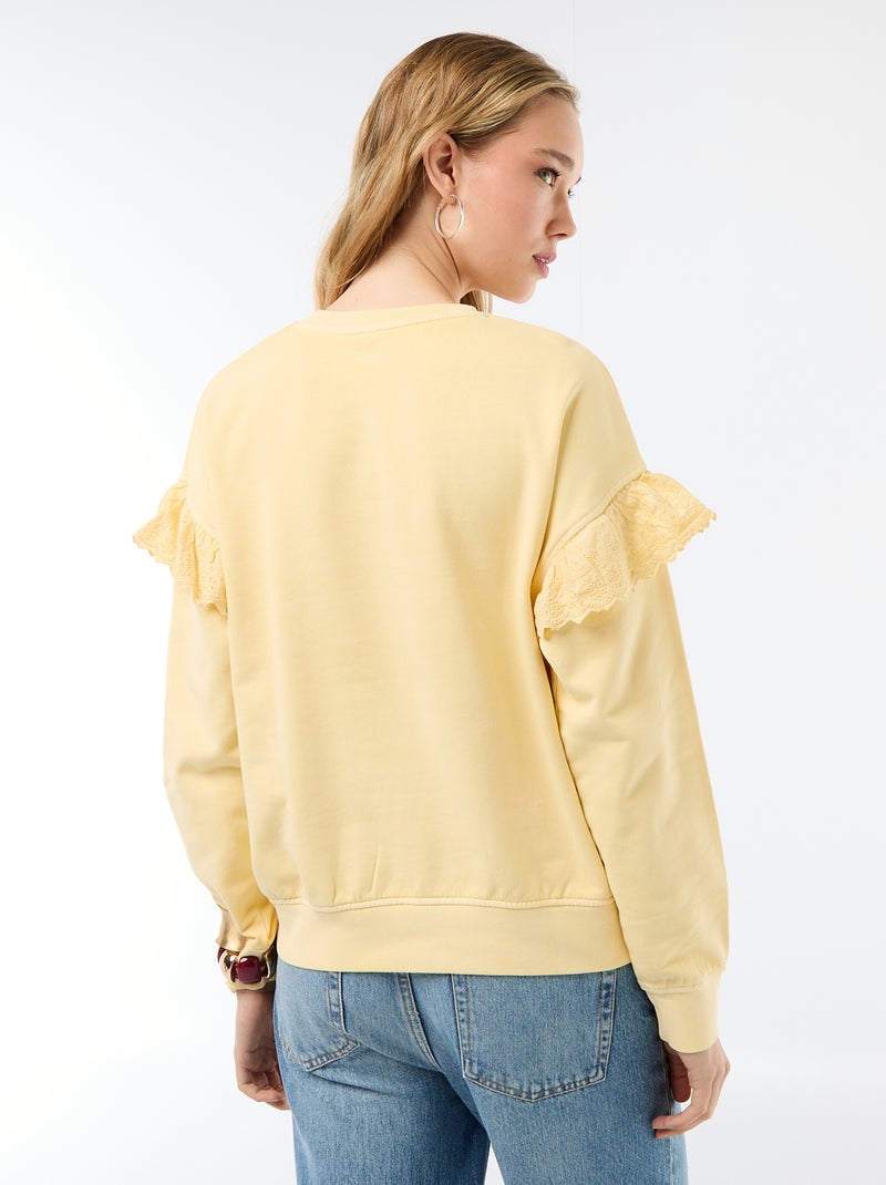 Sudadera lisa con volantes en bordado inglés en las mangas Amarillo - Kiabi