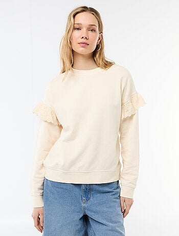 Sudadera lisa con volantes en bordado inglés en las mangas