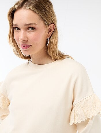 Sudadera lisa con volantes en bordado inglés en las mangas