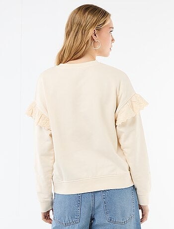 Sudadera lisa con volantes en bordado inglés en las mangas