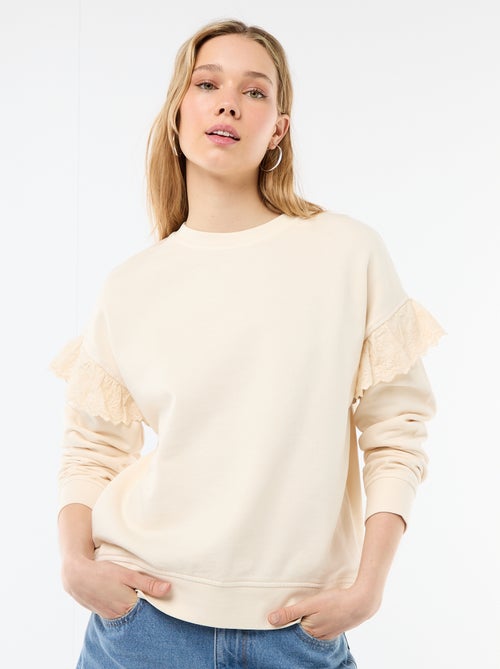 Sudadera lisa con volantes en bordado inglés en las mangas - Kiabi