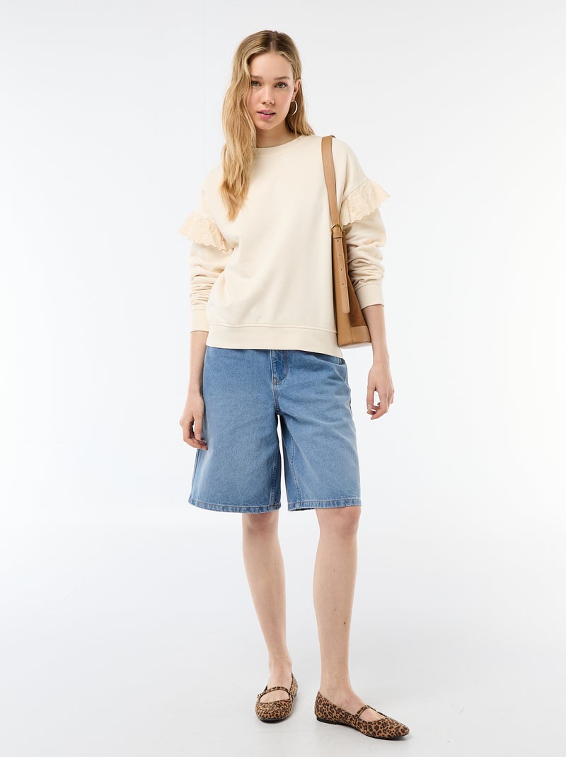 Sudadera lisa con volantes en bordado inglés en las mangas Blanco - Kiabi