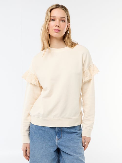 Sudadera lisa con volantes en bordado inglés en las mangas - Kiabi
