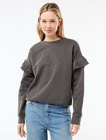 Sudadera lisa con volantes en bordado inglés en las mangas